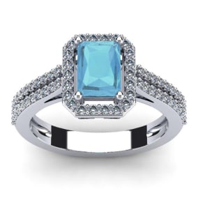Aquamarine Ring: Aquamarine Jewelry: 1 1/3 Carat Aquamarine and Halo Diamond Ring In 14 Karat White Gold