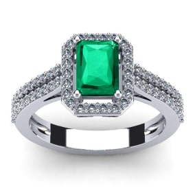 1 1/3 Carat Emerald and Halo Diamond Ring In 14 Karat White Gold