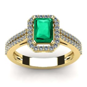 1 1/3 Carat Emerald and Halo Diamond Ring In 14 Karat Yellow Gold