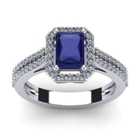 1 1/2 Carat Tanzanite and Halo Diamond Ring In 14 Karat White Gold