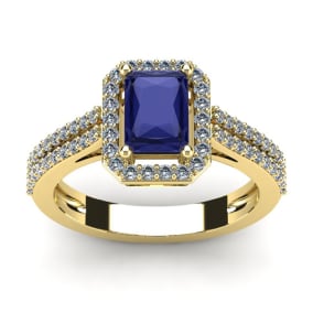1 1/2 Carat Tanzanite and Halo Diamond Ring In 14 Karat Yellow Gold