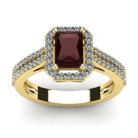 1 3/4 Carat Garnet and Halo Diamond Ring In 14 Karat Yellow Gold