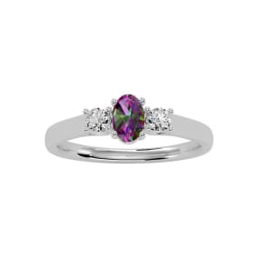 3/4 Carat Oval Shape Mystic Topaz Ring With Two Diamonds In 14 Karat White Gold