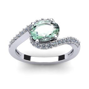 1 1/3 Carat Oval Shape Green Amethyst and Halo Diamond Ring In 14 Karat White Gold