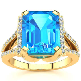 4 Carat Blue Topaz and Halo Diamond Ring In 14 Karat Yellow Gold
