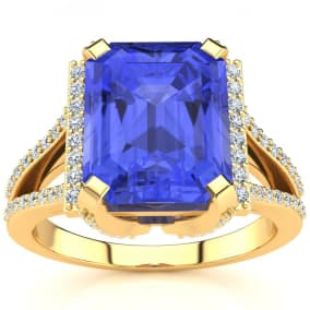 4 Carat Tanzanite and Halo Diamond Ring In 14 Karat Yellow Gold
