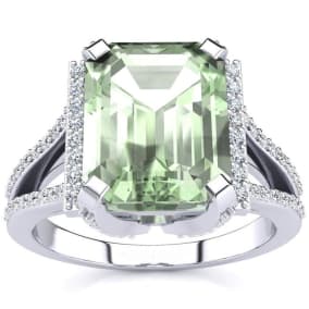 4 Carat Green Amethyst and Halo Diamond Ring In 14 Karat White Gold
