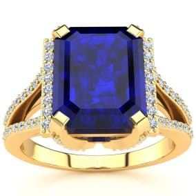 4 Carat Sapphire and Halo Diamond Ring In 14 Karat Yellow Gold