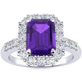 2 Carat Amethyst and Halo Diamond Ring In 14 Karat White Gold