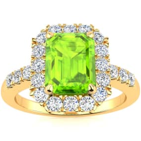 2 1/4 Carat Peridot and Halo Diamond Ring In 14 Karat Yellow Gold