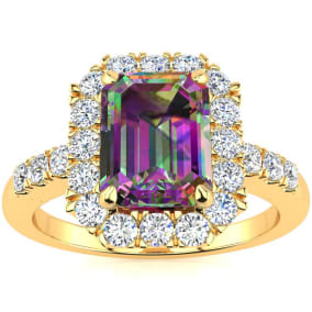2 Carat Octagon Shape Mystic Topaz With Diamond Halo In 14 Karat Yellow Gold