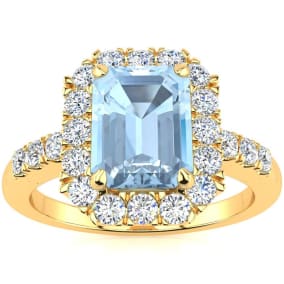 2 Carat Aquamarine and Halo Diamond Ring In 14 Karat Yellow Gold

