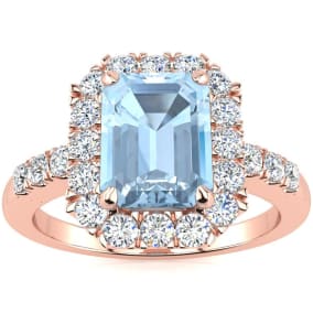 2 Carat Aquamarine and Halo Diamond Ring In 14 Karat Rose Gold
