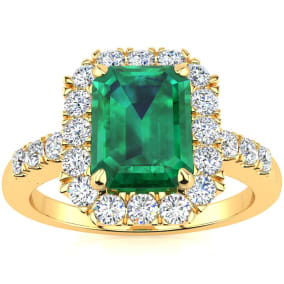 2 Carat Emerald and Halo Diamond Ring In 14 Karat Yellow Gold