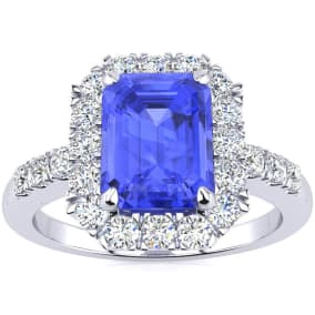 2 1/4 Carat Tanzanite and Halo Diamond Ring In 14 Karat White Gold