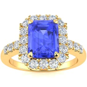 2 1/4 Carat Tanzanite and Halo Diamond Ring In 14 Karat Yellow Gold