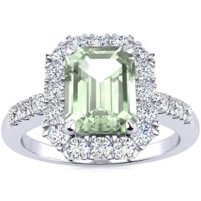 2 Carat Green Amethyst and Halo Diamond Ring In 14 Karat White Gold
