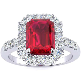 2 3/4 Carat Ruby and Halo Diamond Ring In 14 Karat White Gold