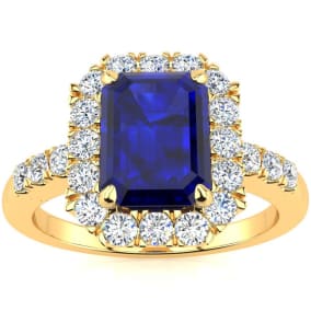 2 3/4 Carat Sapphire and Halo Diamond Ring In 14 Karat Yellow Gold