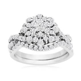 1 Carat Natural Floral Halo Diamond Bridal Set in 14 Karat White Gold

