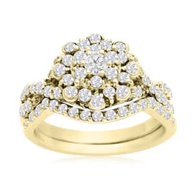 1 Carat Natural Floral Halo Diamond Bridal Set in 14 Karat Yellow Gold

