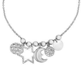 Sterling Silver and Cubic Zirconia Moon and Stars Charm Bracelet with Adjustable Bead
