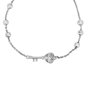 Sterling Silver Adjustable Bead Bracelet with Heart Key and Bead Embellishments