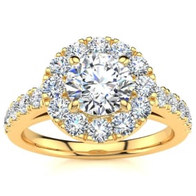 14 Karat Yellow Gold 1 1/3 Carat Natural Classic Round Halo Diamond Engagement Ring