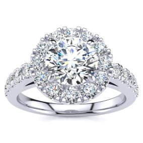 14 Karat White Gold 1 1/2 Carat Natural Classic Round Halo Diamond Engagement Ring