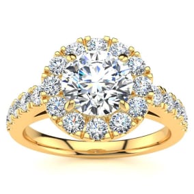 14 Karat Yellow Gold 1 1/2 Carat Natural Classic Round Halo Diamond Engagement Ring