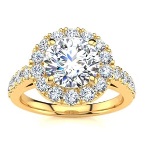 14 Karat Yellow Gold 2 1/4 Carat Natural Classic Round Halo Diamond Engagement Ring