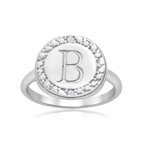 "B" Initial Diamond Pinkie Ring In Sterling Silver
