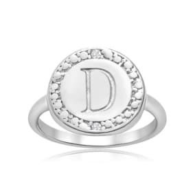 "D" Initial Diamond Pinkie Ring In Sterling Silver
