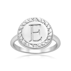 "E" Initial Diamond Pinkie Ring In Sterling Silver
