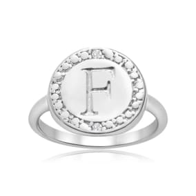 "F" Initial Diamond Pinkie Ring In Sterling Silver
