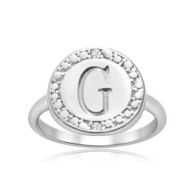 "G" Initial Diamond Pinkie Ring In Sterling Silver