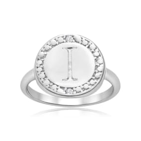 "I" Initial Diamond Pinkie Ring In Sterling Silver