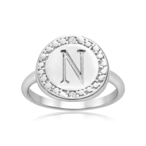 "N" Initial Diamond Pinkie Ring In Sterling Silver
