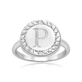 "P" Initial Diamond Pinkie Ring In Sterling Silver
