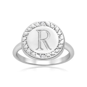 "R" Initial Diamond Pinkie Ring In Sterling Silver
