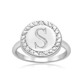 "S" Initial Diamond Pinkie Ring In Sterling Silver
