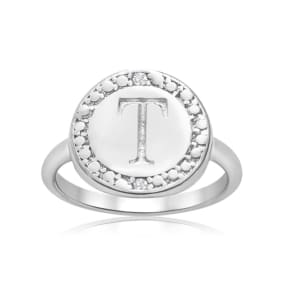 "T" Initial Diamond Pinkie Ring In Sterling Silver
