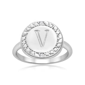 "V" Initial Diamond Pinkie Ring In Sterling Silver
