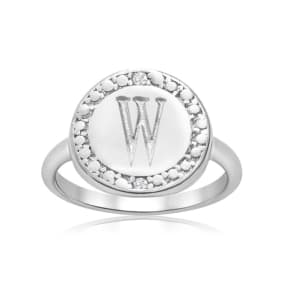 "W" Initial Diamond Pinkie Ring In Sterling Silver
