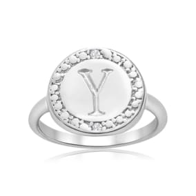 "Y" Initial Diamond Pinkie Ring In Sterling Silver
