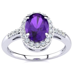 3/4 Carat Oval Shape Amethyst and Halo Diamond Ring In 14K White Gold