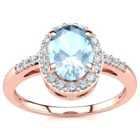 1 Carat Oval Shape Aquamarine and Halo Diamond Ring In 14K Rose Gold