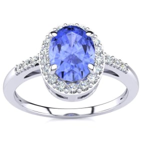 1 Carat Oval Shape Tanzanite and Halo Diamond Ring In 14K White Gold