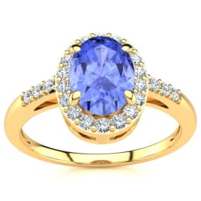 1 Carat Oval Shape Tanzanite and Halo Diamond Ring In 14K Yellow Gold