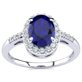 1 Carat Oval Shape Sapphire and Halo Diamond Ring In 14K White Gold